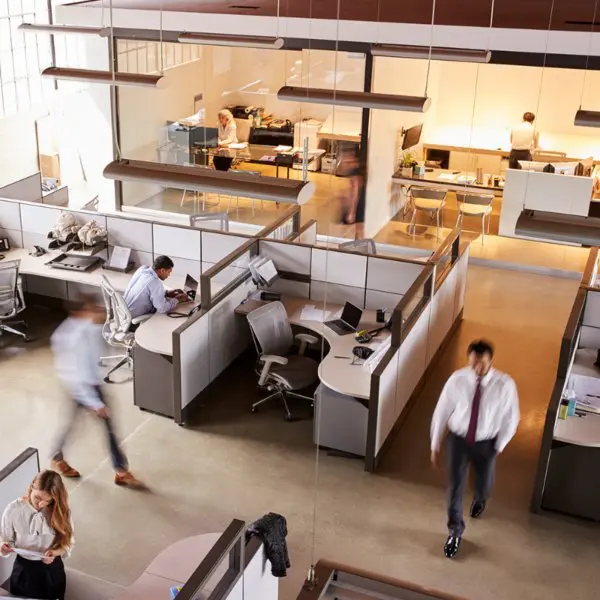 Busy workplace with employees at desks
