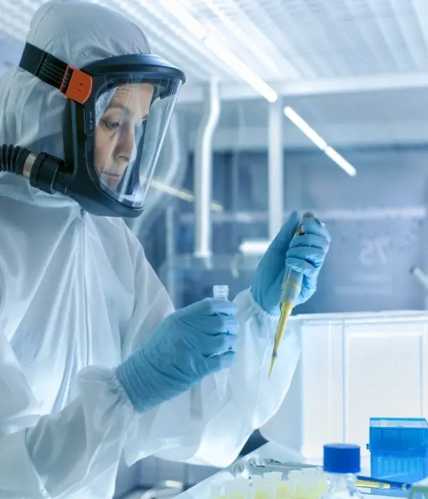 Researcher in lab suit handling samples.
