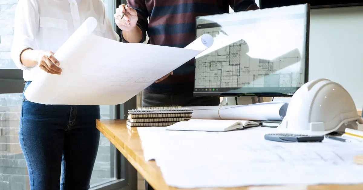 Office workspace with construction drawings