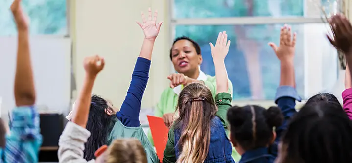 Students raising hands in classroom