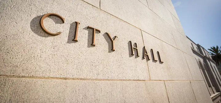 City Hall stone wall signage