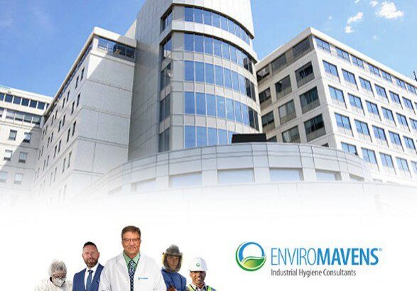 Industrial hygiene experts outside office complex
