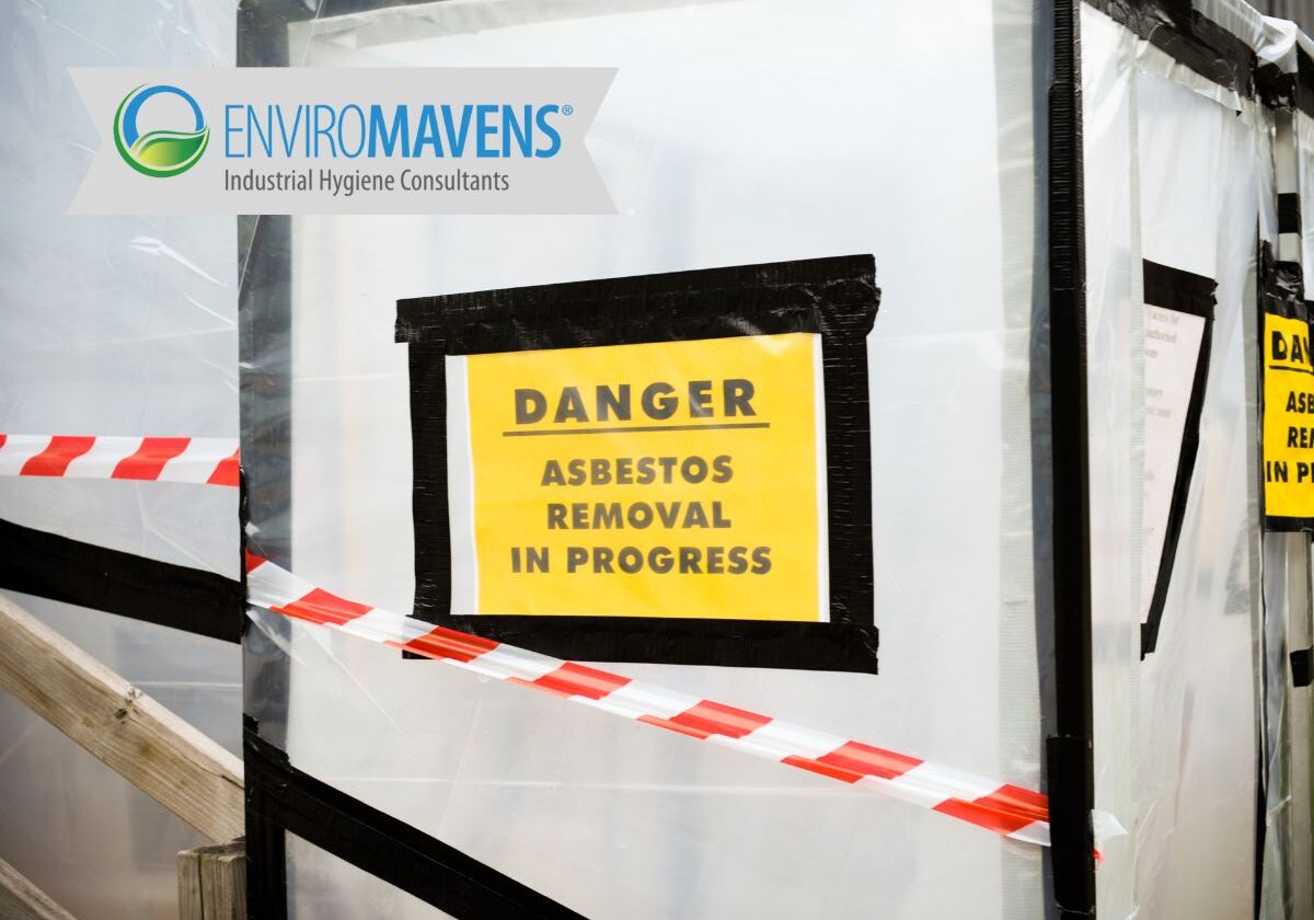 Industrial site with asbestos danger sign